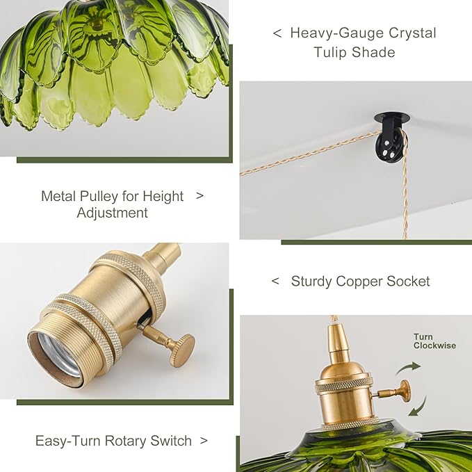 Plug in Pendant Light Fixtures, Hanging Light Fixture Glass Pendant Light, Vintage Green Hanging Lamp, Pendant Lighting for Kitchen Island, Bedroom, Dining Room, Living Room