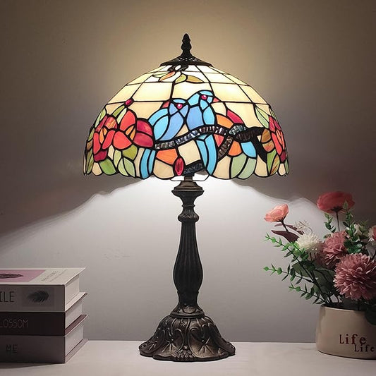 Tiffany 3-Color Stained Glass Lamp - Vintage Beside Reading Lamp, 12 inch Living Room Light, Flowers Style Antique Nightstand Light (Brids Flowers)