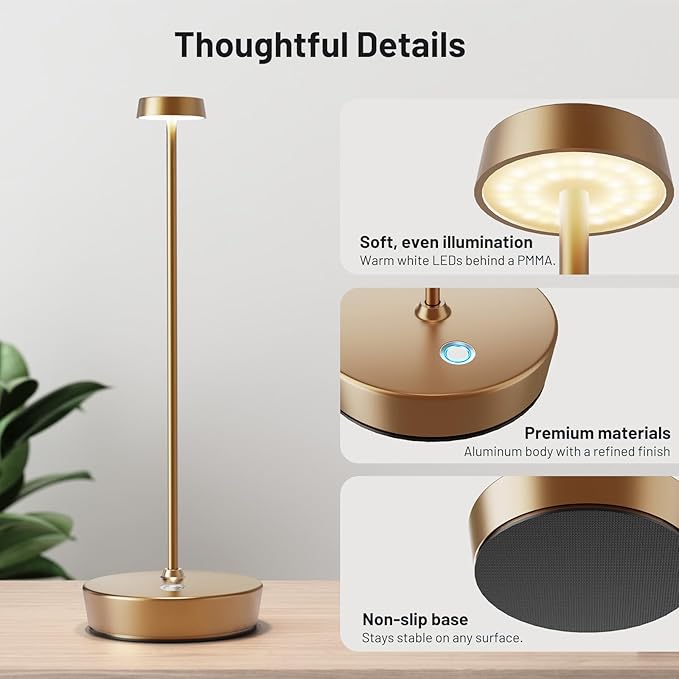 2Pack Cordless LED Table Lamp，Rechargeable Battery Operated Table Light, 3 Color Stepless Dimmable Table Lamp, Portable Table Light for Outdoor/Restaurants/Patio