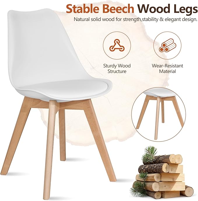 VECELO Dining Chairs Set of 4, Mid-Century Modern Kitchen & Dining Room Chairs, PU Leather Upholstered Seat, Solid Wood Legs, Armless, Non-Slip Feet, White