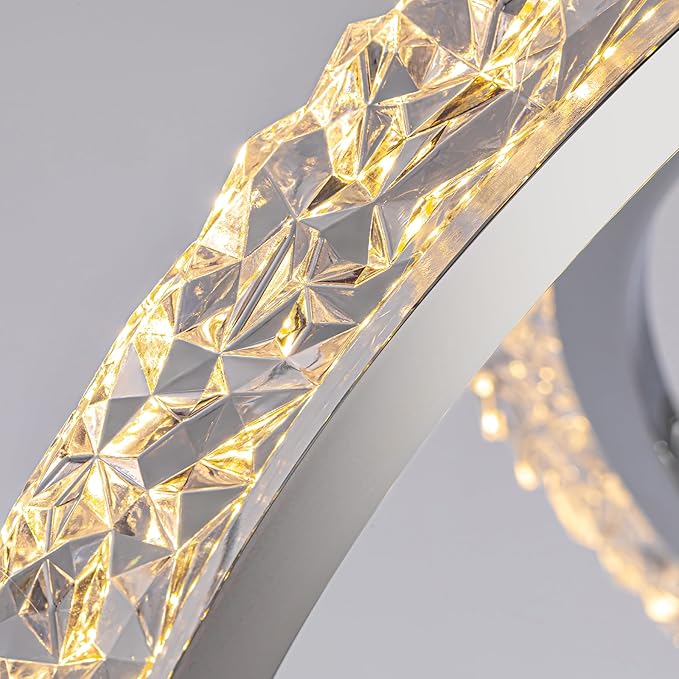 Modern LED Chandelier 𝐃𝟑𝟏.𝟓" 3 Ring Crystal Chandeliers for Dining Room Ceiling Lighting Fixture Adjustable Height Round Pendant Lights Silver Ring Chandelier for Living Room Bedroom