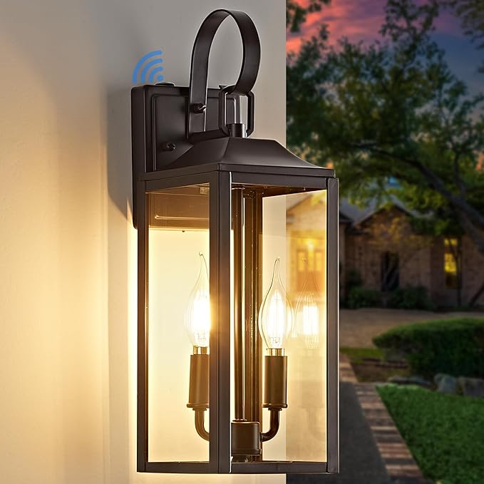 OKELI 17.6" Dusk to Dawn Outdoor Wall Light, Large Exterior Porch Lighting 2-Light Farmhouse Outside Lantern Lights with Clear Glass Waterproof Wall Sconces Lamp for House Garage, Brown