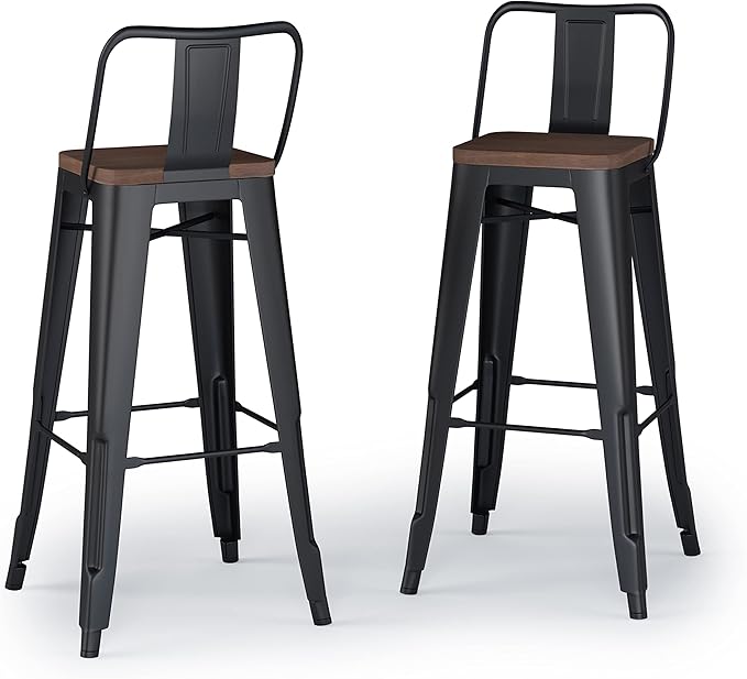 SIMPLIHOME Rayne Bar Stools (Set of 2) - 30 inch Seat Height Metal and Wood Chairs in Black, Industrial Seating for Kitchen or Bar with Curved Back, Footrest, and Elm Wood Seat