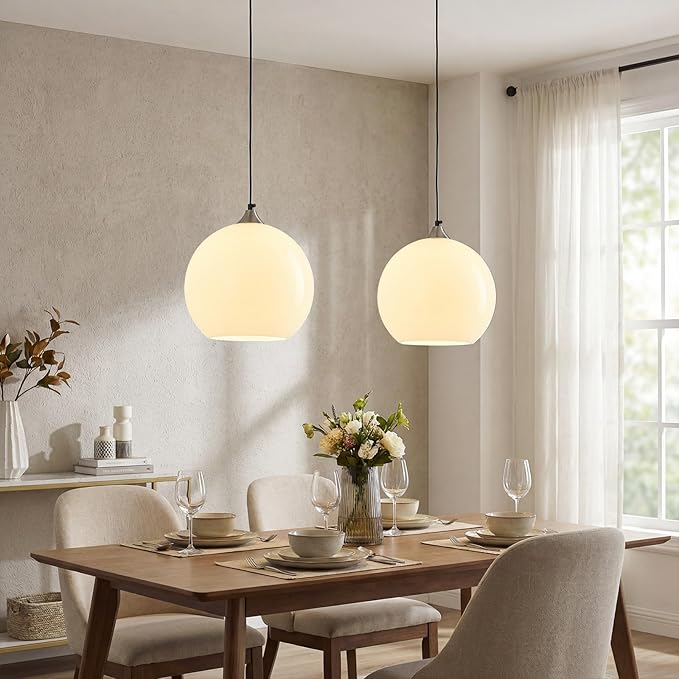Milky Luster Glass Pendant Lights Kitchen Island Globe Pendant Light Fixtures Modern Pendant Lighting for Bedroom Living Dining Room Light Fixture (9.84 in, 2 Pack)