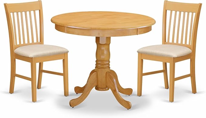 East West Furniture ANNO3-OAK-C 3 Piece Kitchen Table Set for Small Spaces Contains a Round Dining Room Table with Pedestal and 2 Linen Fabric Upholstered Chairs, 36x36 Inch, Oak