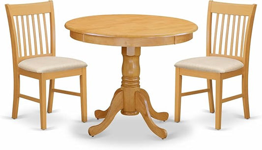 East West Furniture ANNO3-OAK-C 3 Piece Kitchen Table Set for Small Spaces Contains a Round Dining Room Table with Pedestal and 2 Linen Fabric Upholstered Chairs, 36x36 Inch, Oak