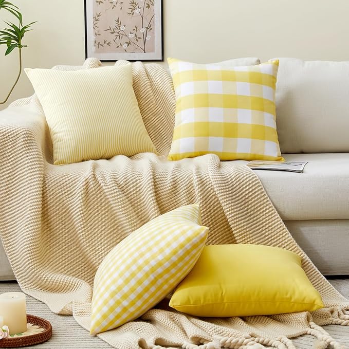 CARRIE HOME Yellow Gingham Checkered Throw Pillow Covers 18x18 Set of 2, Neutral Modern Farmhouse Yellow Outdoor Pillows 18 x 18 for Porch Patio Furniture (No Pillow Inserts)