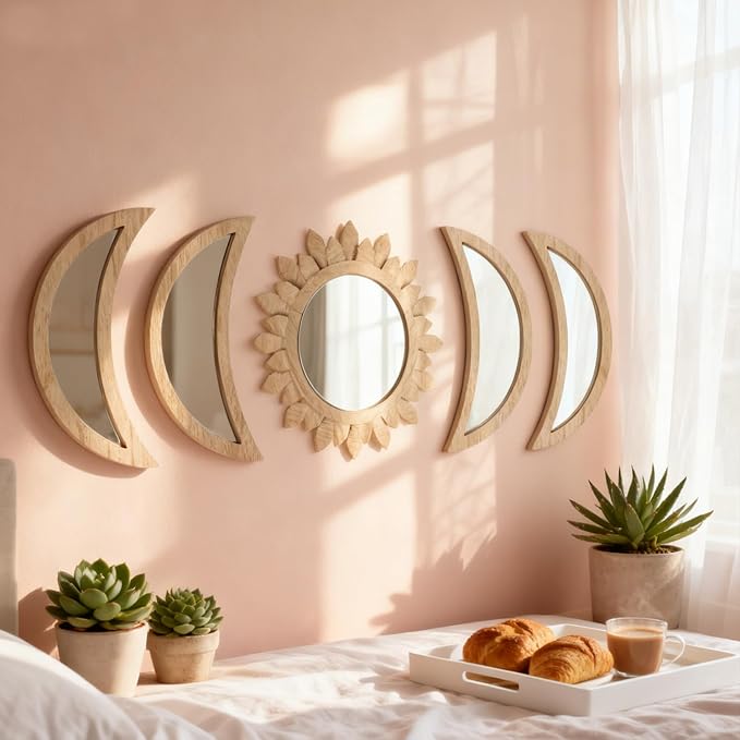 5 Pieces Moon Phase Mirror Wall-Mounted Wall Decor Mirrors Natural Wooden Sunburst Bohemian Wall Art for Home Living Room Bedroom Decoration (Natural)