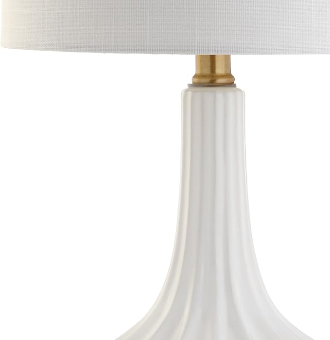 JONATHAN Y 21.5" White Ceramic Mini Table Lamp with Brass Accents, Modern Contemporary Fluted Design with White Linen Shade for Bedroom Living Room, LED Bulb Included JYL1030A