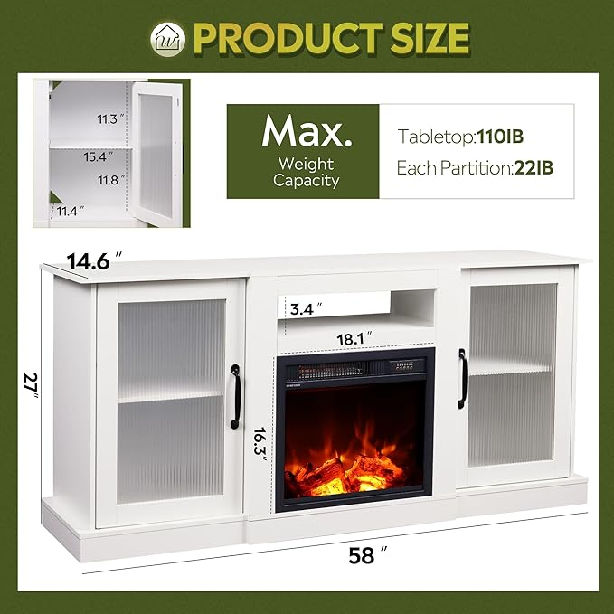 WLIVE Fireplace TV Stand for 65" TV, Entertainment Center with 3D Realistic Flame Electric Fireplace, TV Console with Open Shelves for Living Room, White