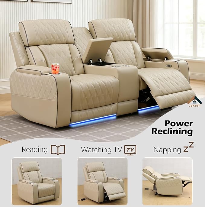 Power Reclining Sofa Set for Living Room, Leather Recliner Loveseat and Chair with Cup Holders, Storage Console for House/Home Teather(Loveseat and Chair, Beige)
