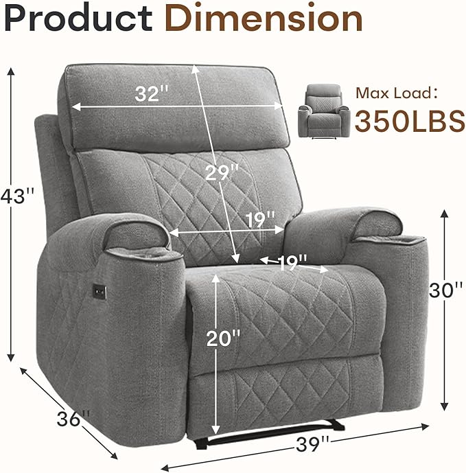 HAOMARKETS Power Recliner Chair for Adults with USB Port, Soft Fabric Electric Recliners with Metal Cup Holders, Single Overstuffed Heavy Duty Reclining Sofa Chairs for Living Room, Light Grey