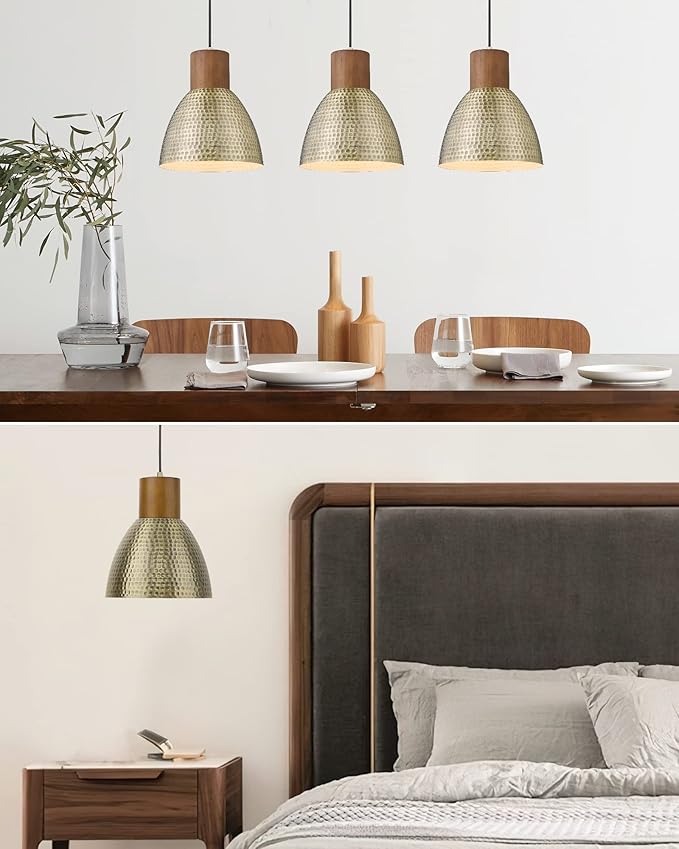 ELYONA Hammered Pendant Lights for Kitchen Island, 7” Small Solid Wood Vintage Metal Hanging Light Fixture Adjustable Height Antique Gold Pendant Lamp for Farmhouse, Dining Room, Brushed Brass, 3 Pack