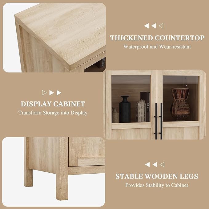 GarveeHome Sideboard Buffet Cabinet with 2 Glass Doors, 29.5 in Buffet Table Coffee Bar Wine Bar Display Cabinet for Kitchen Dining Room, Living Room (Glass with 2 Doors, Natrual)