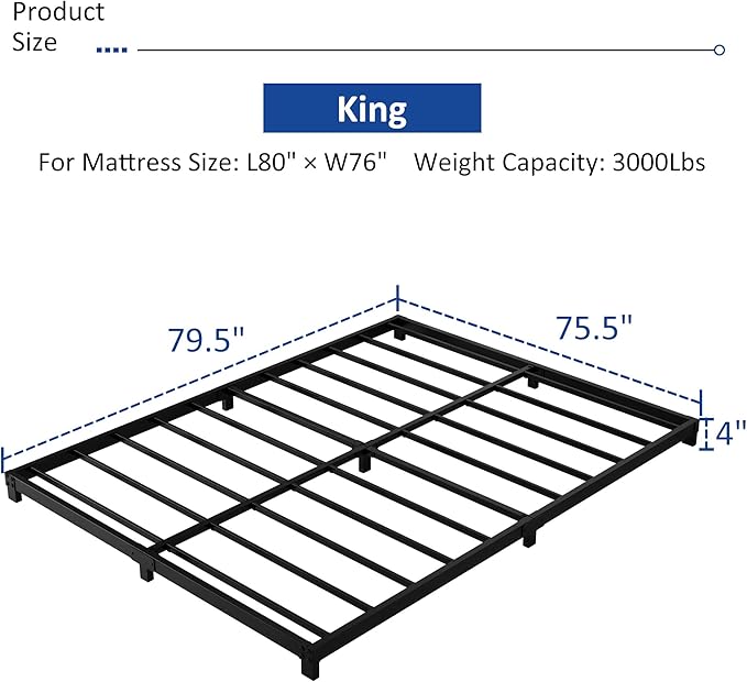 4 Inch King Size Bed Frame, Heavy Duty Metal Platform Low King Bed Frame, No Box Spring Needed, Noise Free, Easy Assembly, Black