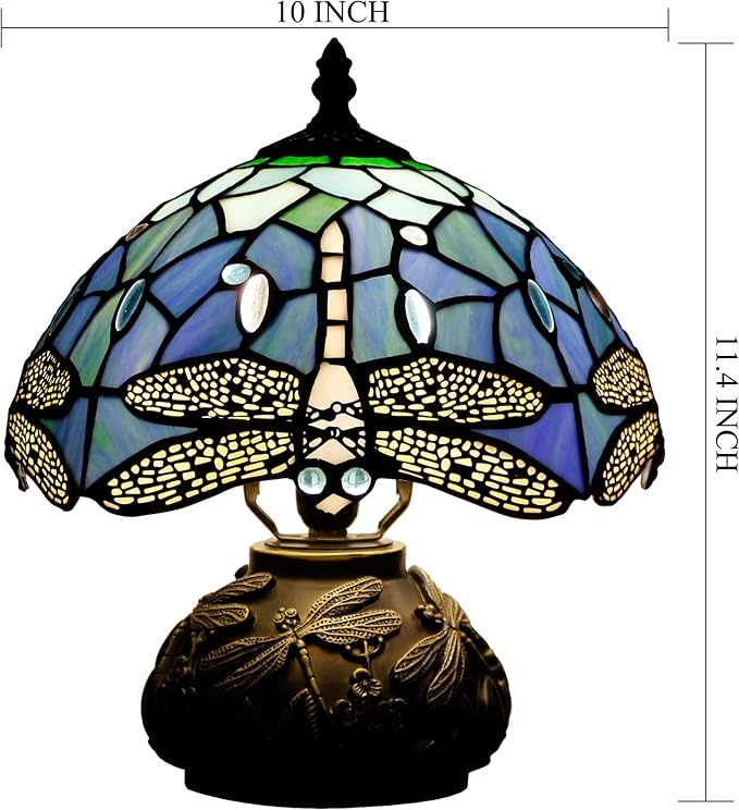 Small Tiffany Table Lamp Blue Dragonfly Style Stained Glass Desk Lamp 10X11.5 Inch Mushroom Table Light for Office Home Living Room Bedroom