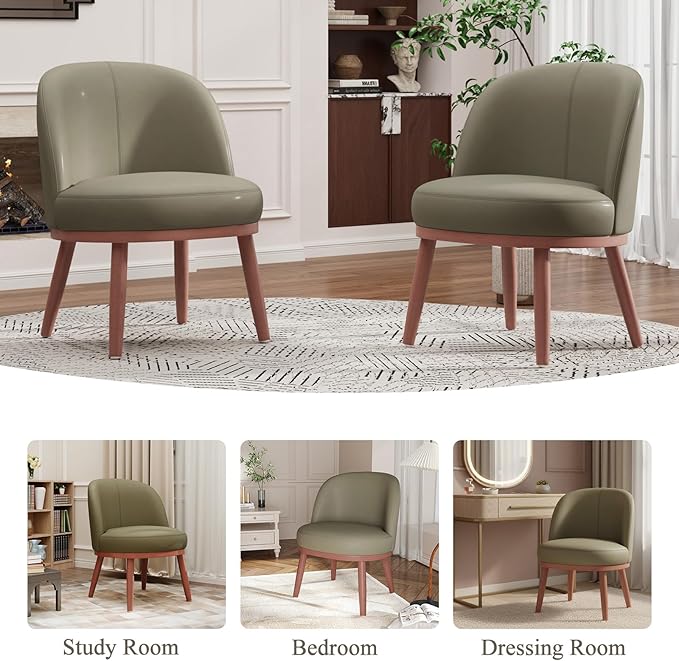 Accent Chair Set of 1, PU Leather Mid-Century Modern Chair for Small Space, Comfy Upholstered Armless Chair, for Living Room, Bedroom, Olive Green