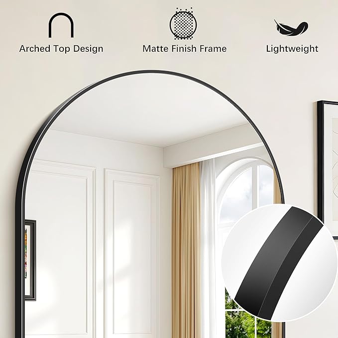 FORBATH Arched Bathroom Mirror 24x24 Inch, Black Bathroom Mirror Wall Mounted Modern Aluminum Alloy Frame Arch Mirror for Bedroom Living Room Entryway, Hanging or Leaning Against Wall
