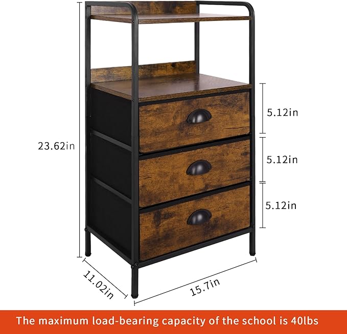 Night Stand with 3 Fabric Drawer and Sturdy Metal Frame, Modern Side Table Lightweight & Durable -55LB Load Capacity, Wear-Resistant & Easy-Clean Surface,Rustic Brown
