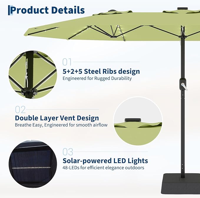 GarveeLife 15 FT Patio Umbrella with Base Included, Patio Table Umbrella with solar lights, 10 Sturdy Ribs UV Protection Waterproof for Garden, Pool, Deck, Backyard (Green)