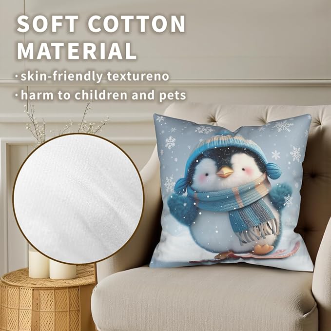 Winter Pillow Covers 18x18 Set of 2 Adorable Skiing Penguins Throw Pillow Covers Snowflakes Pillow Case Double Sided Printing Cushion Case for Home Decor Couch Sofa