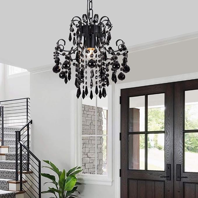 Q&S Mini Crystal Chandelier, Modern Black Small Chandelier 1-Light Crystal Pendant Light Fixture for Princess House Nursery Girls Hallway Entryway Bedroom Foyer Bathroom Kitchen W11.8 UL Listed