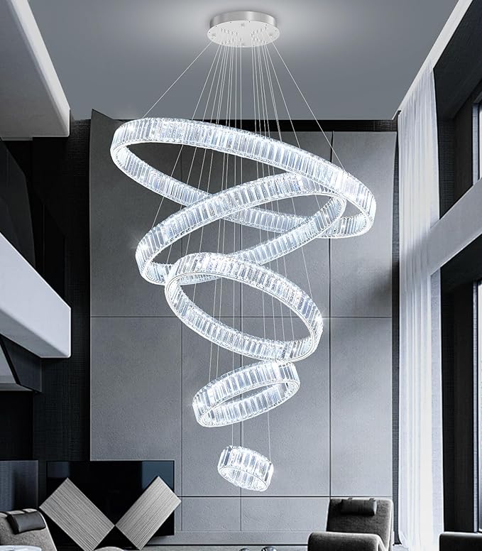 Large Ring Crystal Chandelier Modern Dimmable Chandelier High Ceiling Chandelier Round LED Ceiling Light Fixture for Foyer Long Stair Big Chandelier Silver 8''+16''+24''+32''+40''