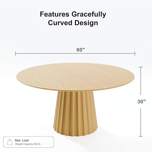 Casaphoria 60" Round Dining Table, Modern Wood Kitchen Table with Cone Shaped Strip Concave Base for Living Room & Dining Room, Easy Assembly Farmhouse Furniture for 4-6, Oak