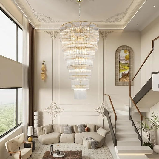 48 Light Staircase Crystal Chandeliers H68 W39 Modern Contemporary Elegant 7-Tier K9 Crystal Glass Chandelier Pendant Ceiling Lighting Fixture for Entryway