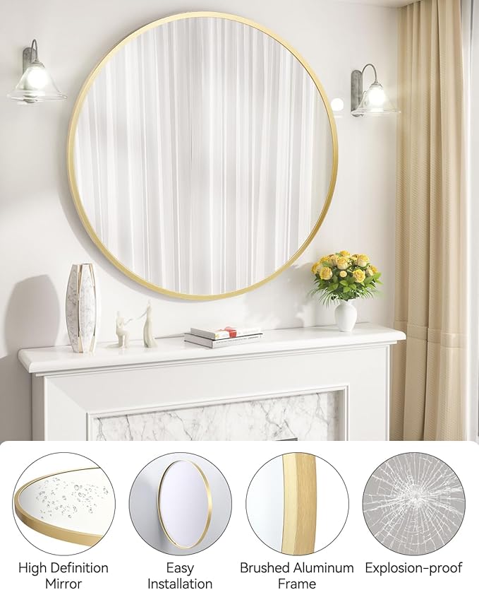 24 Inch Round Mirror, Gold Circle Mirror for Bathroom, HD Eco-Friendly Round Bathroom Mirror for Over Sink, Small Matte Gold Metal Framed Wall Mirror for Wall, Vanity, Entryway, Easy to Install