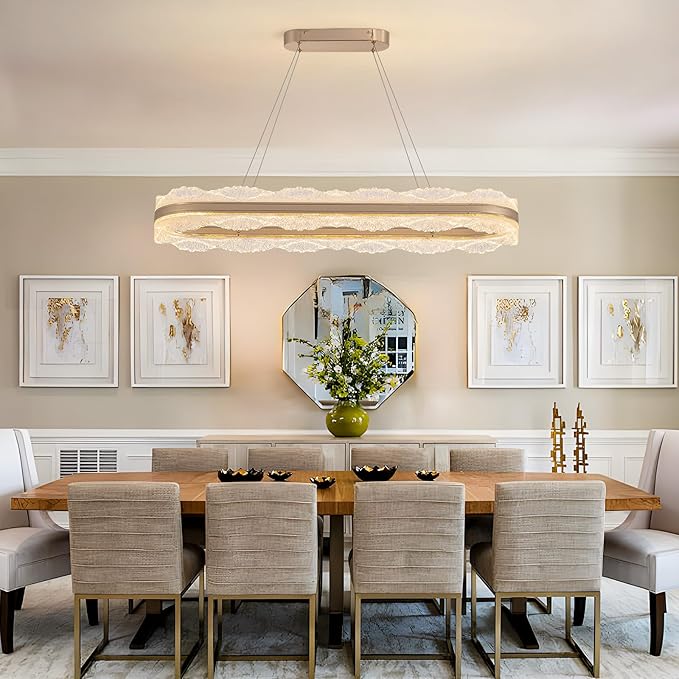 Rectangle LED Chandelier, 𝐋𝟑𝟗.𝟒" Modern Gold Chandelier Light fixture, Height Adjustable Oval chandeliers Contemporary Pendant Ceiling Light for Dining Room Living Room Kitchen Island Bar