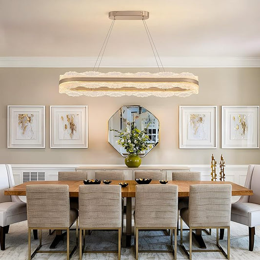 Rectangle LED Chandelier, 𝐋𝟑𝟗.𝟒" Modern Gold Chandelier Light fixture, Height Adjustable Oval chandeliers Contemporary Pendant Ceiling Light for Dining Room Living Room Kitchen Island Bar