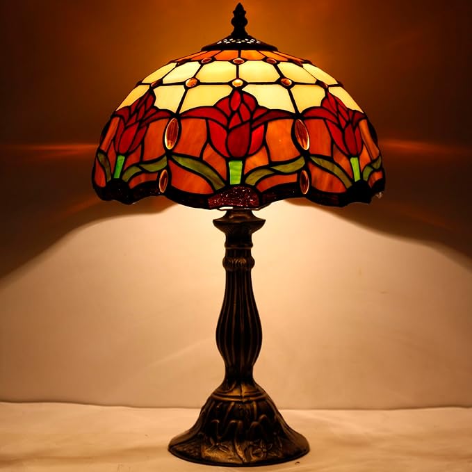 WERFACTORY Tiffany Table Lamp Stained Glass Style Tulip Flower Bedside Reading Desk Light 12X12X18 Inches Decor Bedroom Living Room Home Office S030 Series