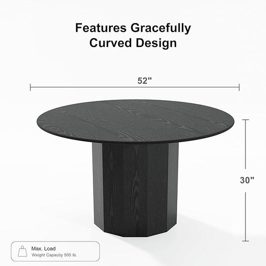 Casaphoria 52" Round Dining Table, Modern Wood Kitchen Table with Cylinder Polygonal Base for Living Room & Dining Room, Easy Assembly Farmhouse Furniture for 4-6, Black