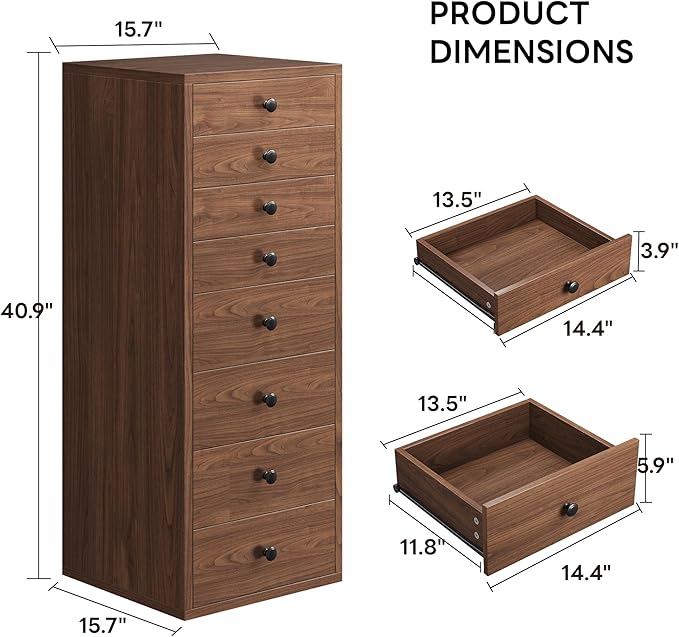 LIKIMIO Tall Dresser, Small Dressers with 8 Storage Drawers, Chest of Drawers for Organizing, Tall Narrow Dresser for Bedroom, Walnut