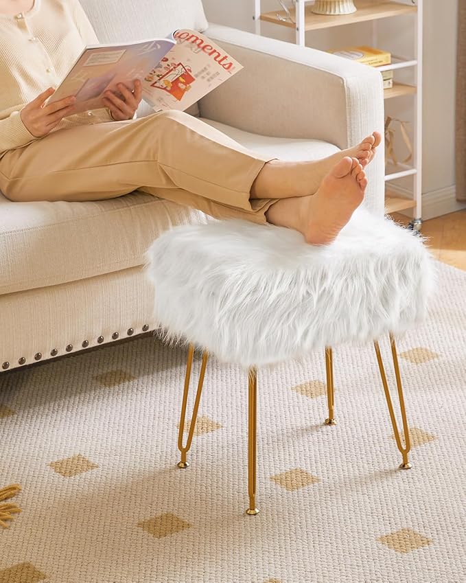 IBUYKE Rectangular Faux Fur Vanity Stool with Storage, Furry Makeup Chair Ottoman, Soft Padded Seat, Round Footrest Footstools with 4 Metal Legs, for Living Room Bedroom Entryway, White WBD022W