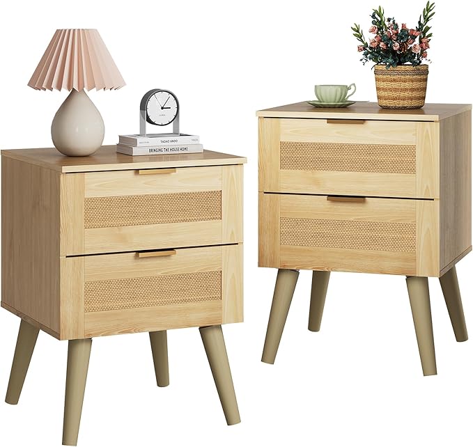 WLIVE Wooden Nightstands Set of 2, Rattan Night Stand with 2 Drawers, Boho Nightstand with Solid Legs, Bed Side Table for Bedroom, Living Room, Natural Oak