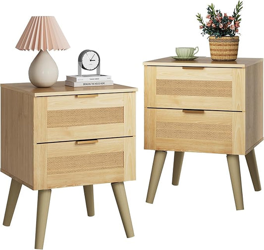 WLIVE Wooden Nightstands Set of 2, Rattan Night Stand with 2 Drawers, Boho Nightstand with Solid Legs, Bed Side Table for Bedroom, Living Room, Natural Oak