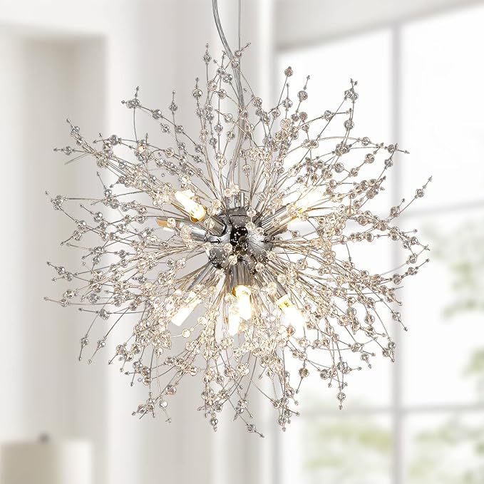 Dandelion Crystal Chandeliers, 8-Light Small Chrome Firework Pendant Lights, 15.7" Stainless Steel Sputnik Chandelier Light Fixture for Kitchen Island Bedroom