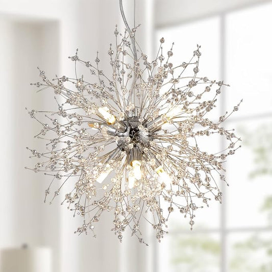 Dandelion Crystal Chandeliers, 8-Light Small Chrome Firework Pendant Lights, 15.7" Stainless Steel Sputnik Chandelier Light Fixture for Kitchen Island Bedroom