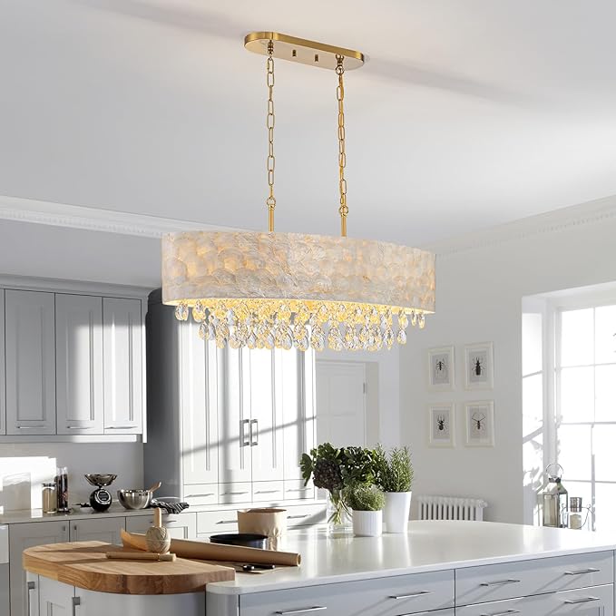 6-Light Oval Capiz Shell Crystal Linear Chandeliers, Coastal Design Light Fixture for Dining Room, Kitchen Island, L32xW12xH19~65 Inch(Adjustable), Shell Lampshade & Brass Finish