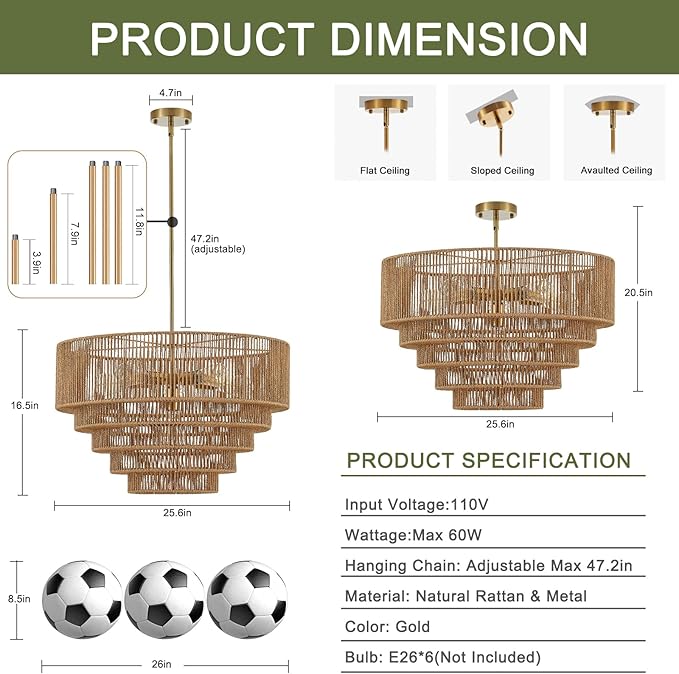 25.6" Boho Rattan Chandelier Light Fixture 6-Light Hand-Woven Bamboo Vintage Farmhouse Chandelier Drum Wicker Golden Chandeliers for Dining Room, Living Room, Kitchen Island, Bedroom, Foyer