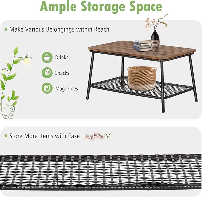 Tangkula 8 Pieces Patio Furniture Set, Outdoor PE Wicker Conversation Set with 2-Tier Coffee Table, Acacia Wood Tabletop & Extra Storage Shelf, Outdoor Furniture Sofa Set w/Cushions (2, Off White)
