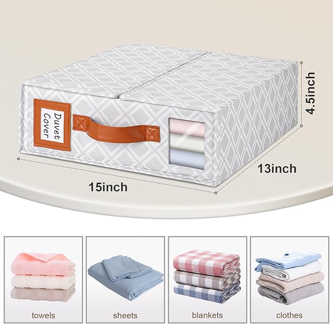 4 Pack Bed Sheet Organizers and Storage, (King & Queen Size) Sheet Organizer for Linen Closet, Foldable Bedding Storage Box with Window for Bedsheets, Duvet Cover and Pillowcase (Light Printed 4 Pack)