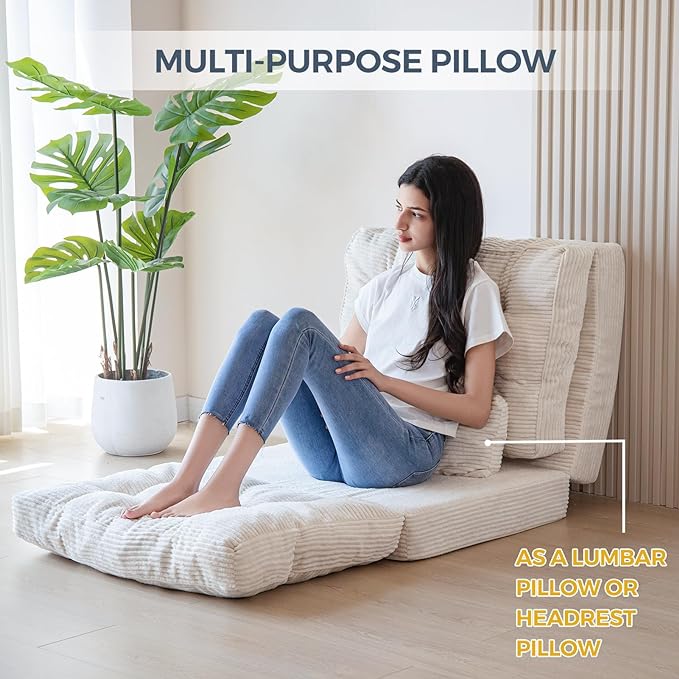 MAXYOYO Folding Sofa Bed, Tufted Bean Bag Bed with Pillows Floor Mattress for Adults, Extra Thick and Long Floor Sofa, Single Couch Bed for Bedroom Living Room, Beige, 30x91 Inch