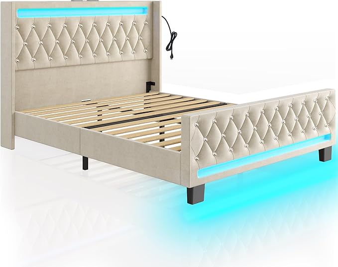 Rolanstar Queen Bed Frame with LED Light and Charging Station, Upholstered High Headboard and Footboard, Wood Slats, Noise Free, Easy Assembly, Beige