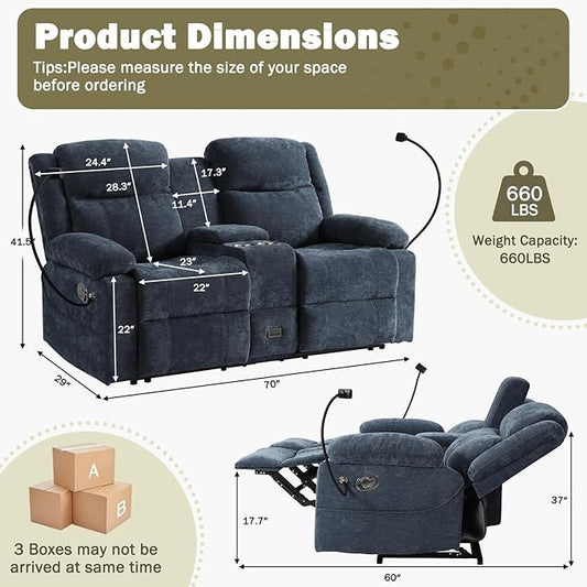 Manual Reclining Loveseat Sofa with 360°Adjustable Phone Holder, Center Console Storage with Type-C Charging & USB, Adjustable Headrest, Cupholders, Hidden Storage Drawer, Living Room, Home Theater