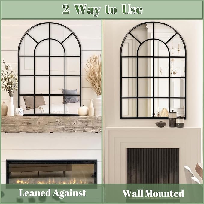 Black Arched Window Mirror, Large Window Pane Mirror, Metal Framed Windowpane Mirrors, 24" X 36" Arched Wall Mirrors for Wall Decor, Entryway, Living Room