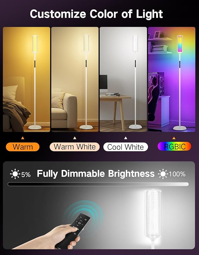 OUTON LED Floor Lamp with Remote & APP Control, Tall Standing Lamp, 16 Million Colors, 32 Scene Modes & Music Sync, Modern Corner Lamps for Living Room, Bedroom, Gaming, White & Glass Lampshade