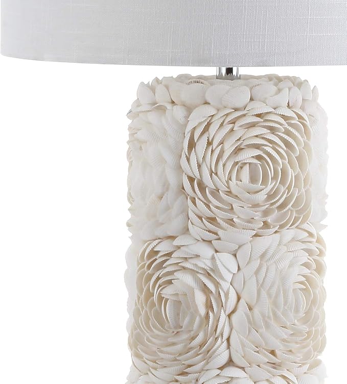JONATHAN Y 28.5" Cream Seashell Resin and Crystal LED Table Lamp, Coastal Floral Mosaic Column Lamp with White Linen Drum Shade for Living Room, LED Bulb Included JYL1006A